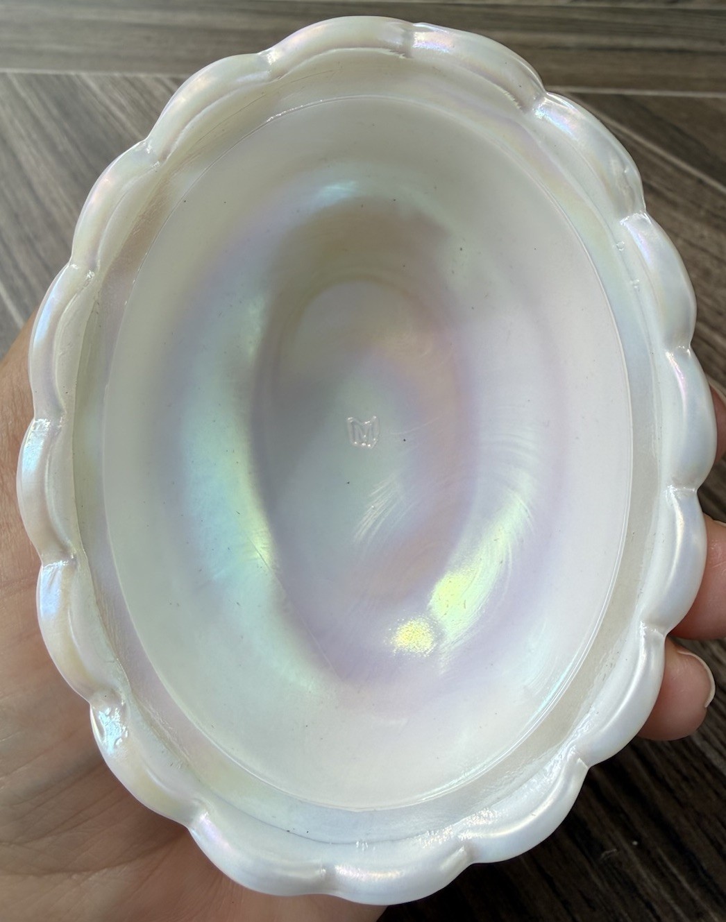 Mosser White Iridescent Glass Bunny on a Basket Lidded Trinket Box, Oval 5in