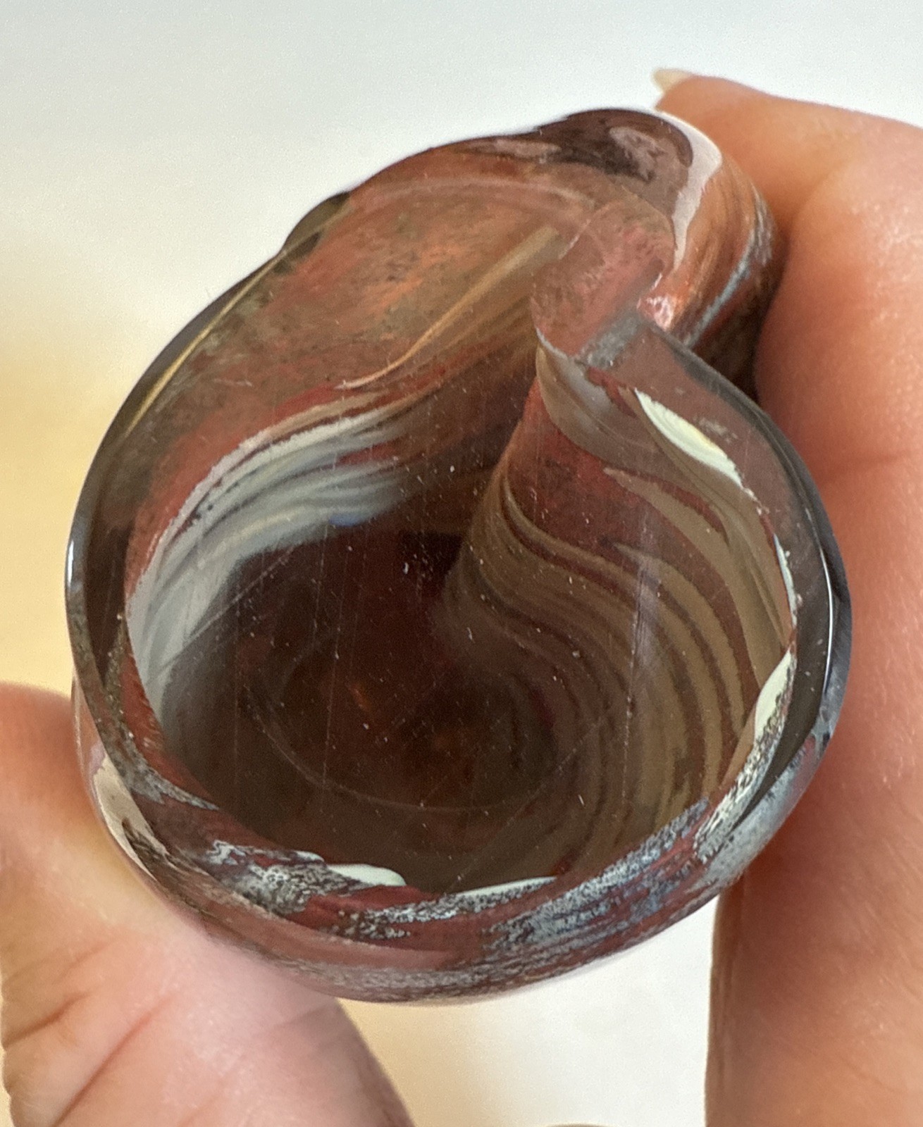 Art Glass Swirl Paperweight Brown And Teal Blue 5.5 Inches