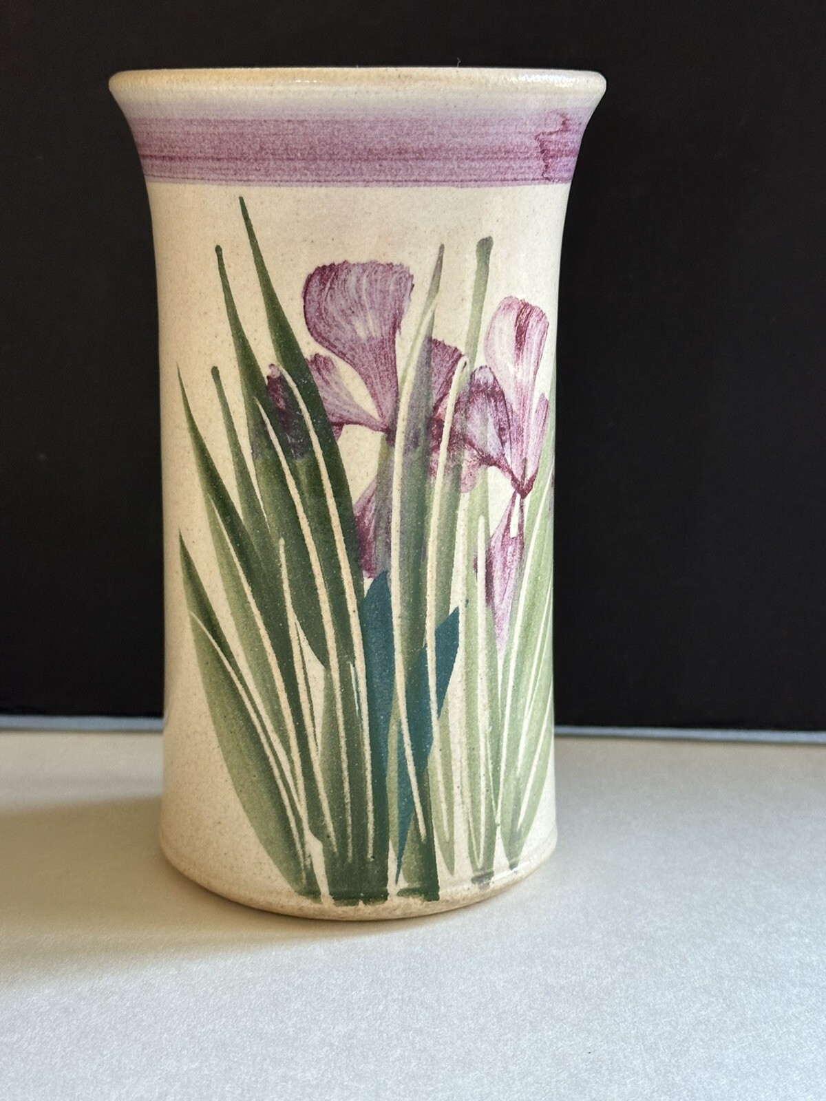 Studio Art Hand Thrown Pottery Vase Iris Hand Painted Artist Signed 6” USA