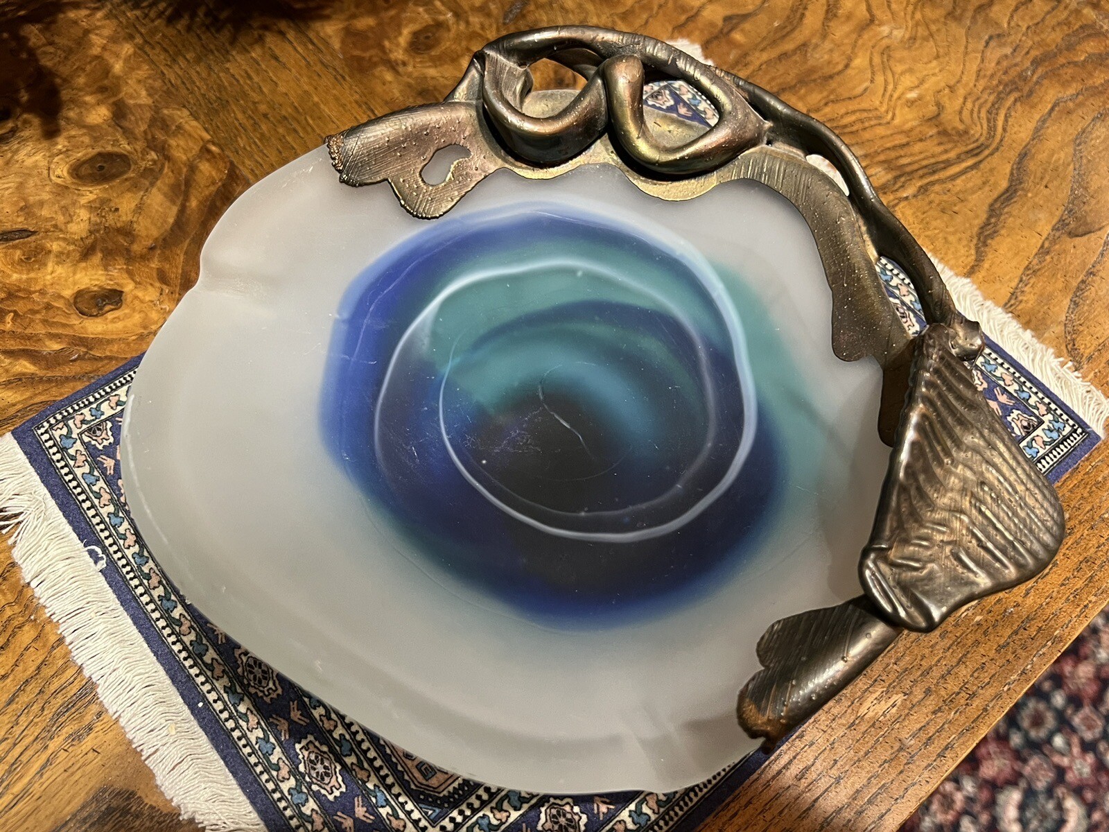 Rare FILIP RAVERT Ashtray Art Nouveau Blown Glass Metal Overlay Signed Vintage