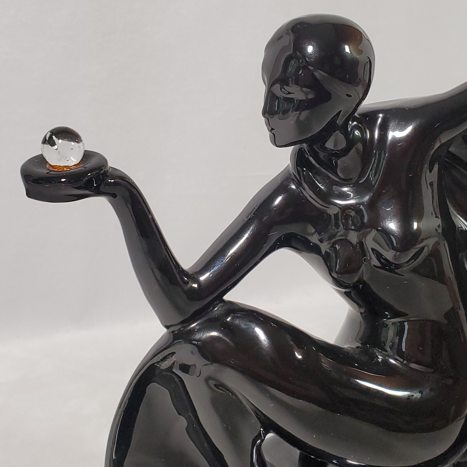 MCM Art Deco Black Woman Holding Orb Sculpture Fantasy Pottery Stamped