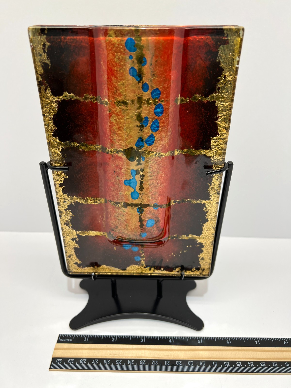 Jasmine Fused Art Glass Pocket Vase with Black Metal Stand 9 1/2″ x 5 1/2″