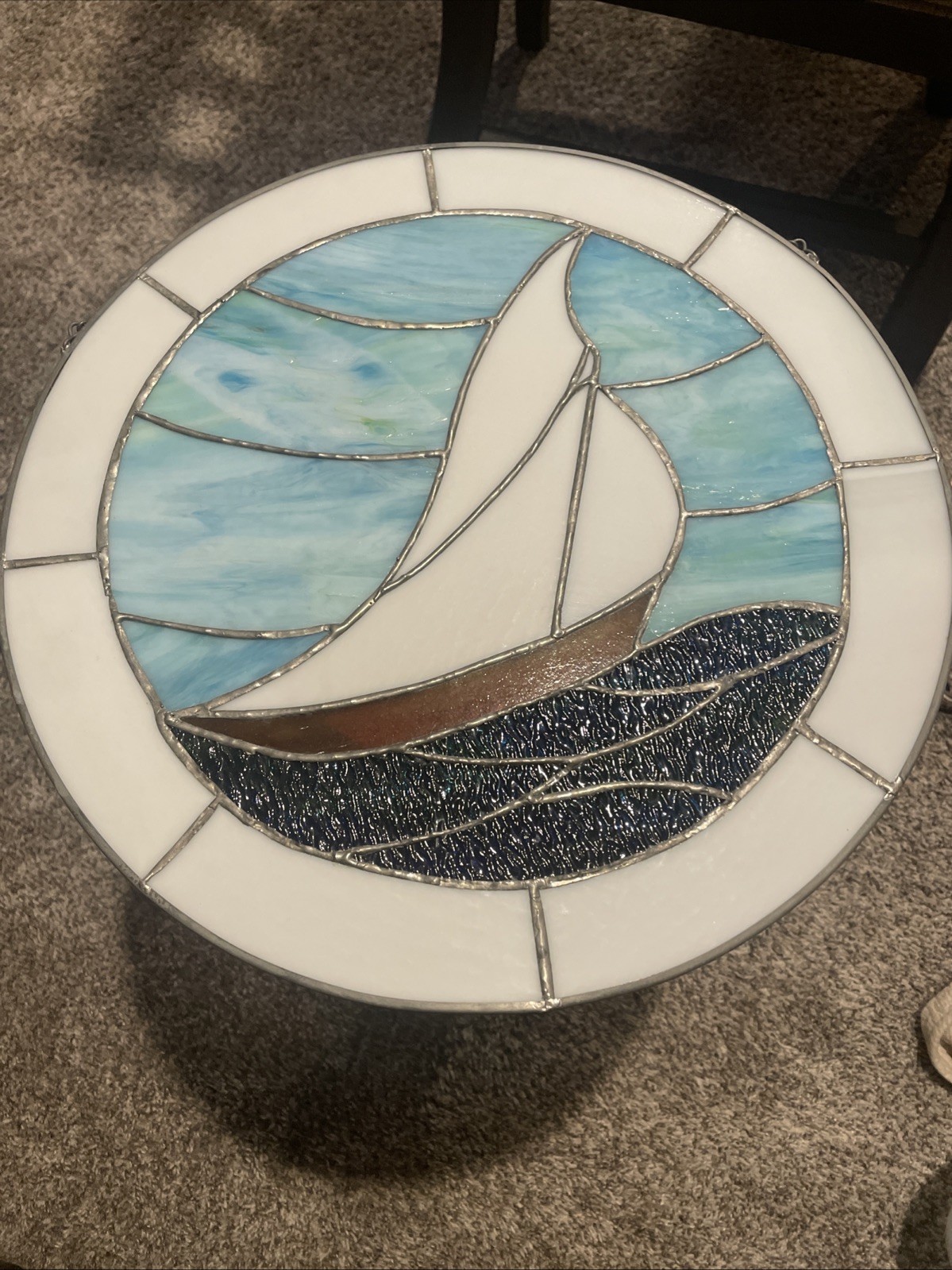 Sailboat Stained Glass Window Hanging Decor 14” Round Nautical Decor Sun