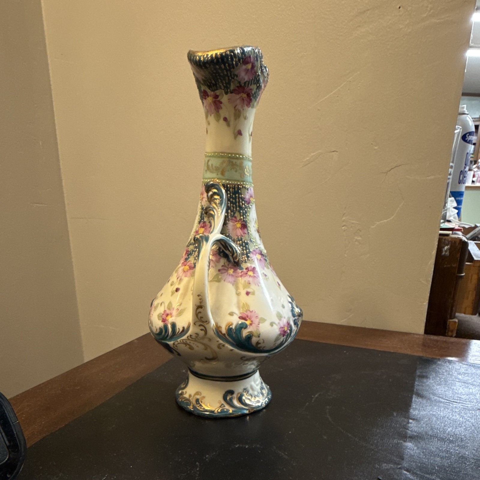 Antique Nippon porcelain vase with hand-painted floral motifs and Moriage beaded