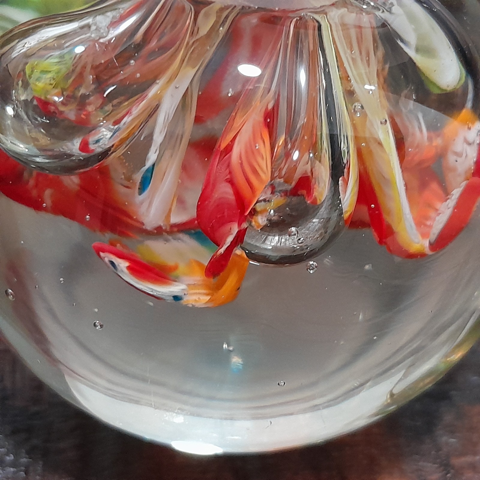 Art Glass Paperweight Round Floral Orange Yellow Red Bubbles 13oz Japan