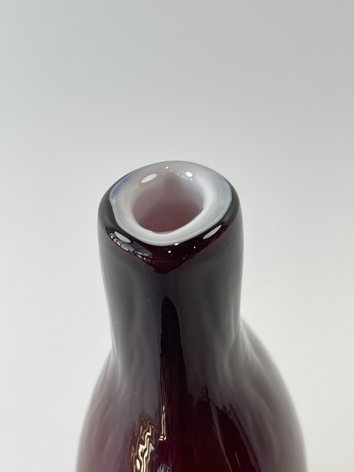 Ruby Red Glass Vase Bottle Shaped White Cased Hand Blown Textured Unmarked