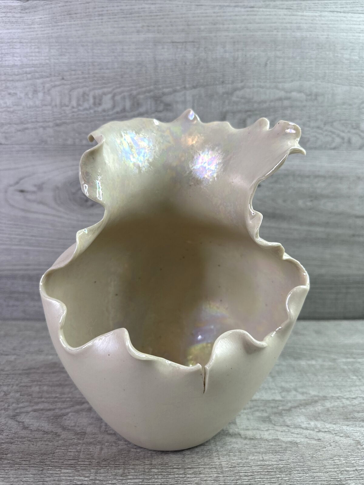 Unique Vintage Large Delicate Handmade Ruffled Asymmetrical Vase Opalescent