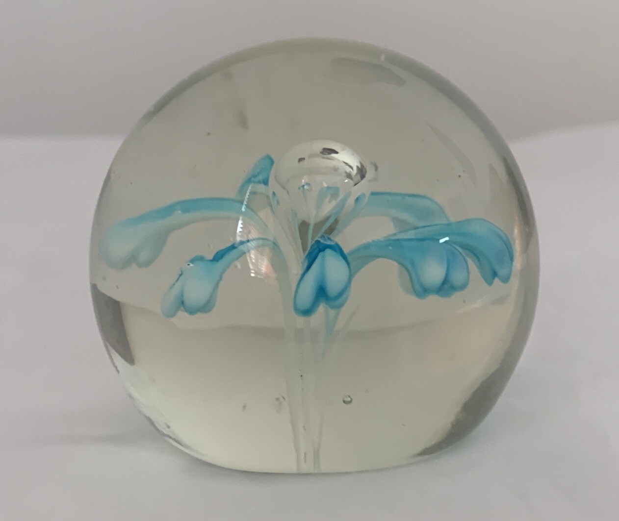 Blown Aqua/Turquoise Flowers inside Art GLASS PAPERWEIGHT 2.25”