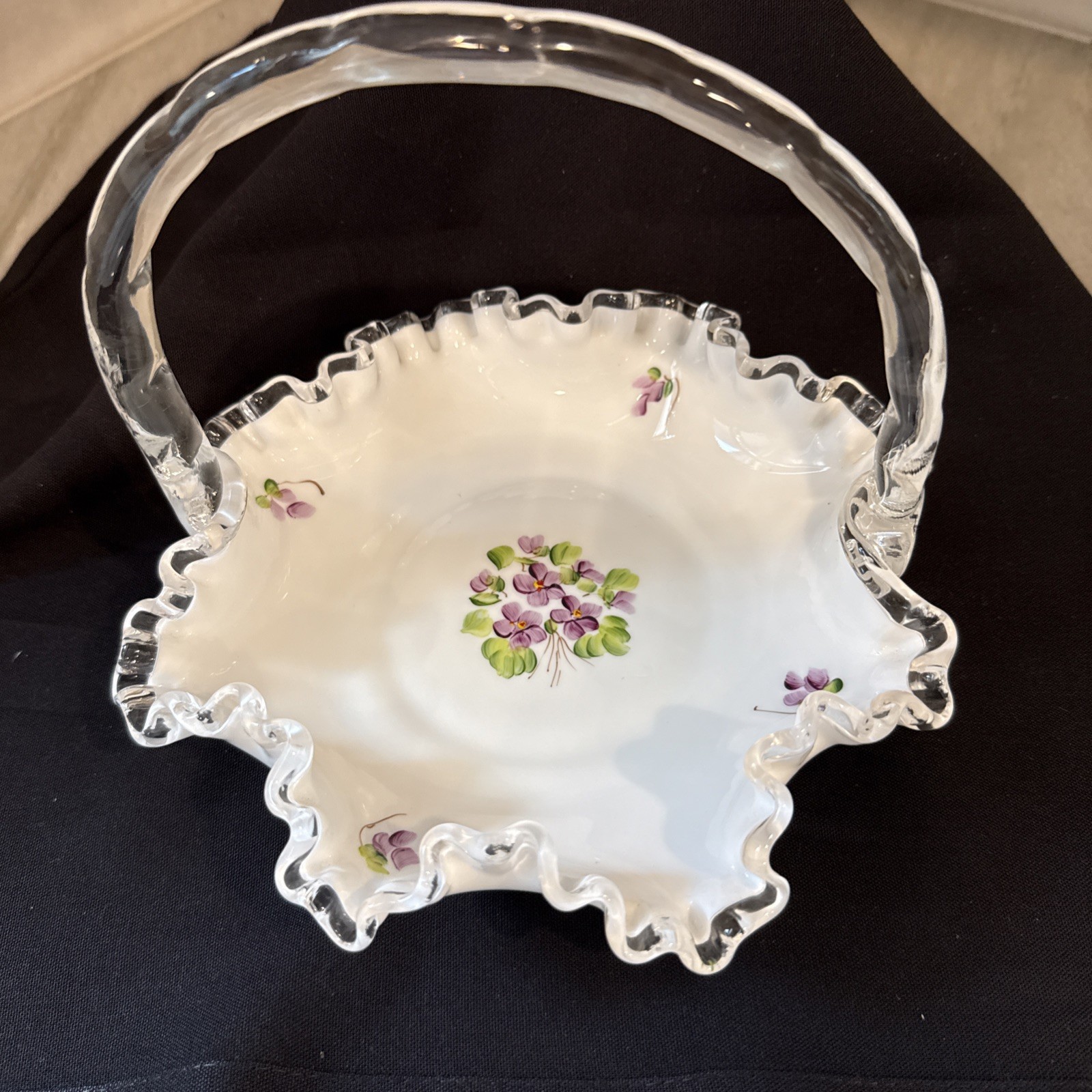 Fenton Basket Silver Crest Violets in Snow Flowers Spanish Lace Excellent