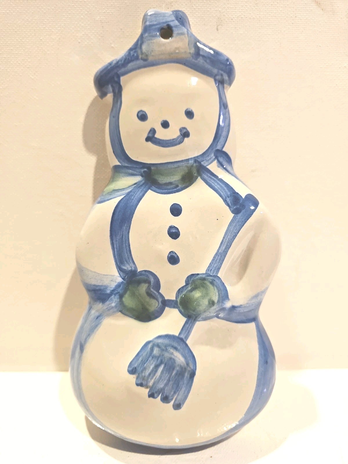 M.A.Hadley Christmas Decor Snowman Pottery Stoneware Blue White Wall Hanger 8.5″