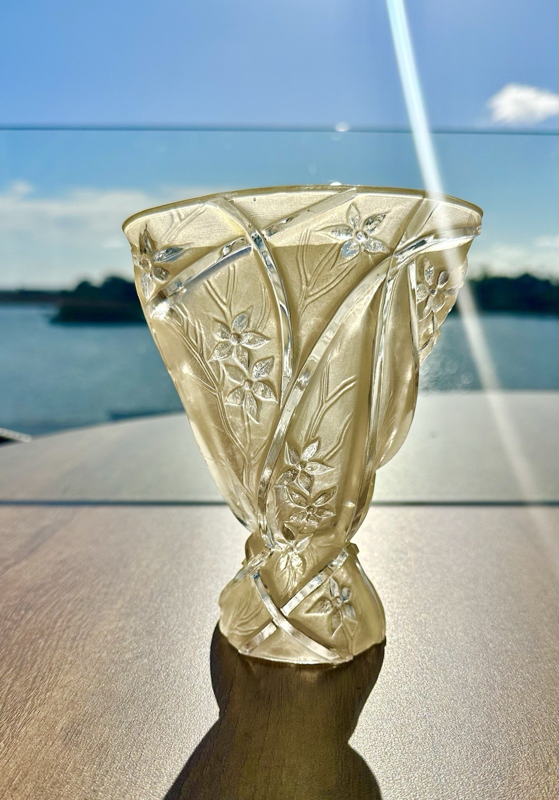 Antique Consolidated Glass Co. Amber, Art Deco, Line 700 Martele Fan Vase, Satin