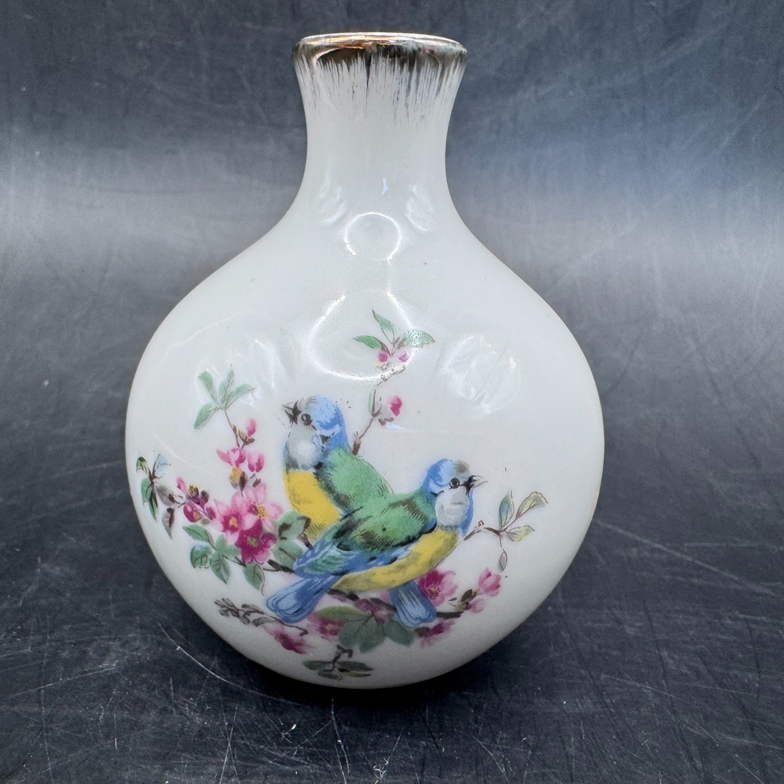 Vintage Brinn’s 3.5″ Petite White Porcelain Bud Vase Blue Bird Design With Foil