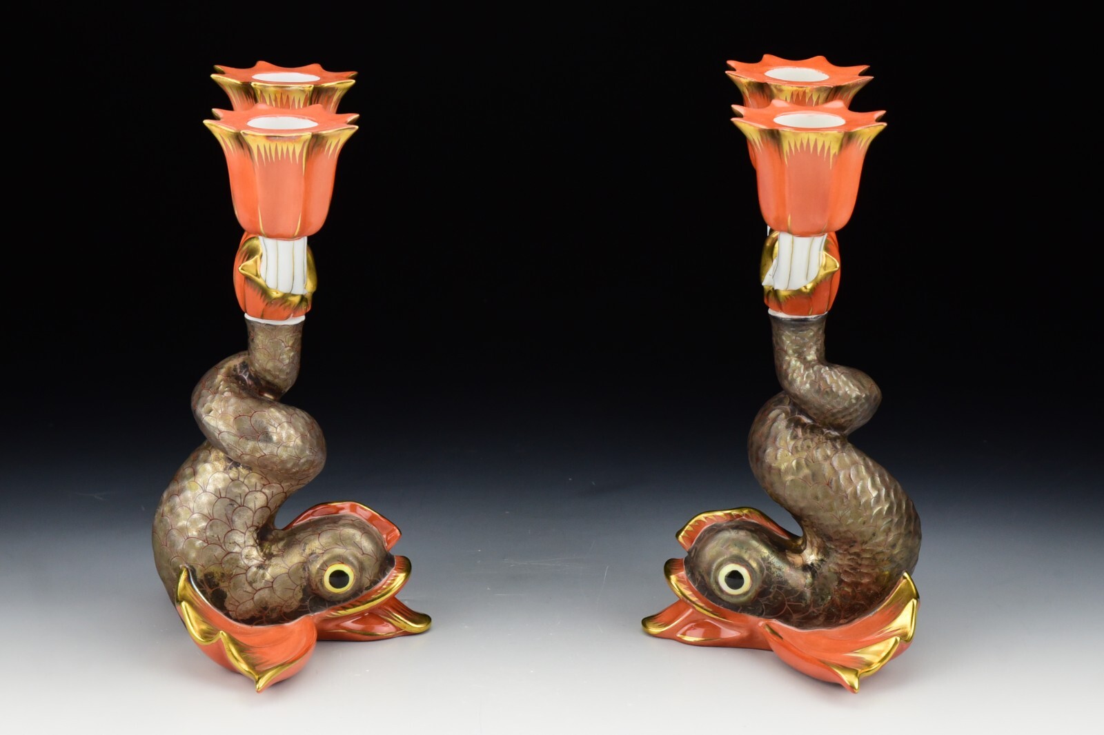 Pair Herend Porcelain Candlesticks Rust Koi Fish Dolphin 2-Lite 7933