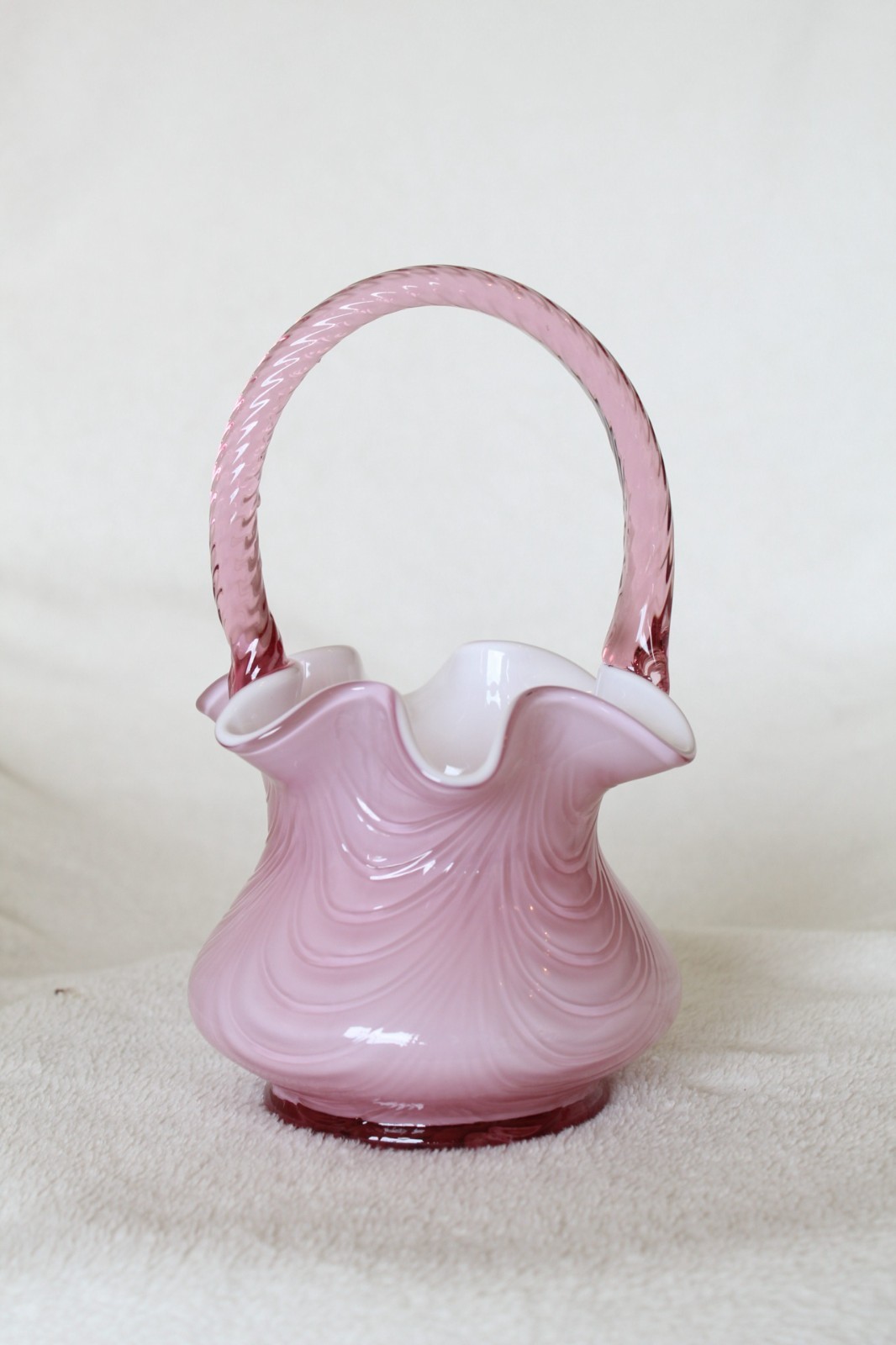 Fenton pink and white art glass basket candy dish center piece ruffled