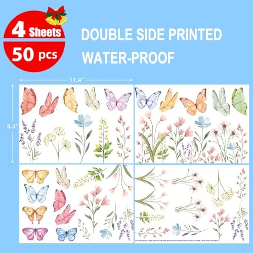 50 PCS Spring Summer Window Cling Sticker, Watercolor Wild Flowers Butterfly