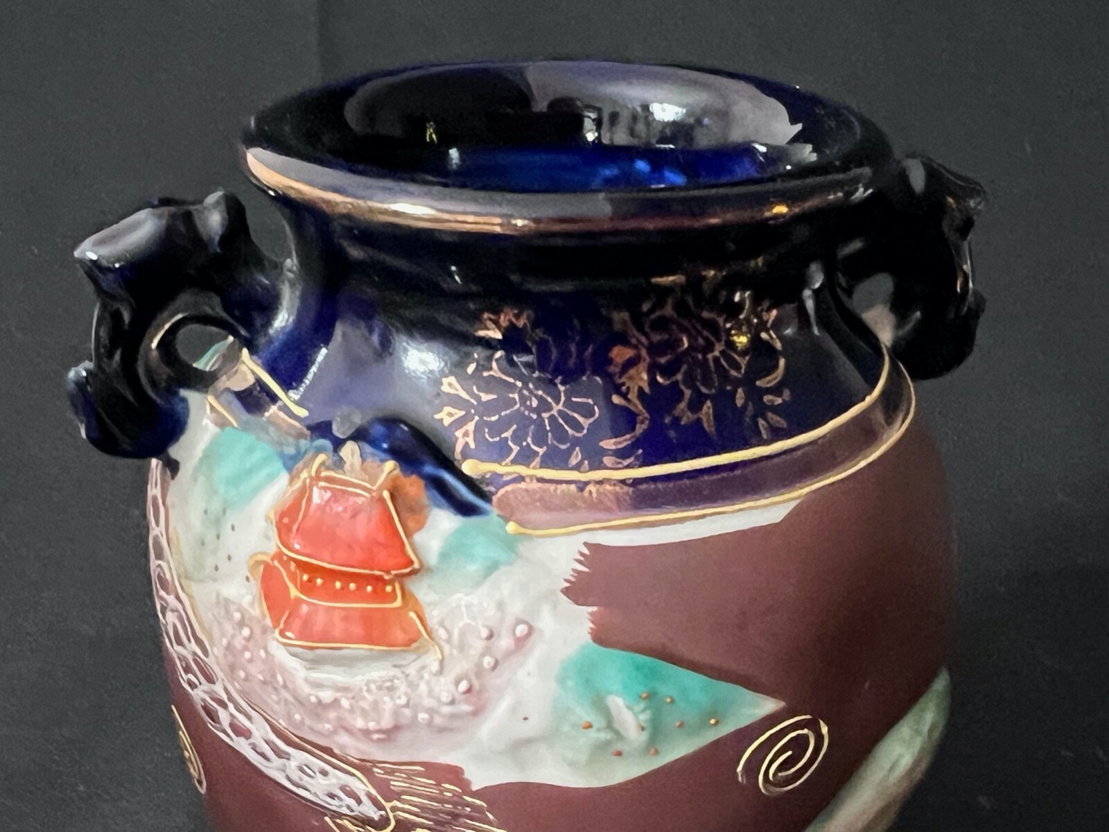 Vintage Japanese Moriage Dragon Ware Vase Double Handles Gold Accents 6″