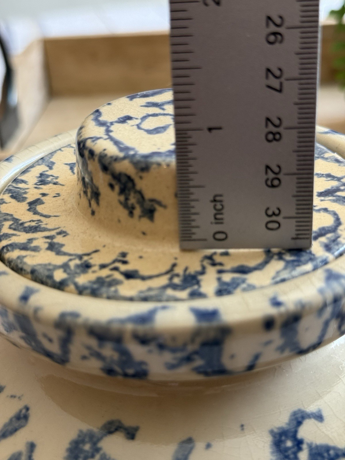 Vtg Farmhouse Blue White Ceramic Crock Handle Non-Removable Lid 7.5”x8” 4lbs