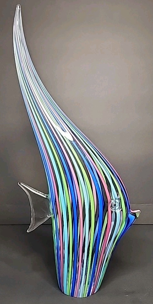 VTG Murano Blown Glass Angelfish With Multicolor Striped Pattern 15.75″