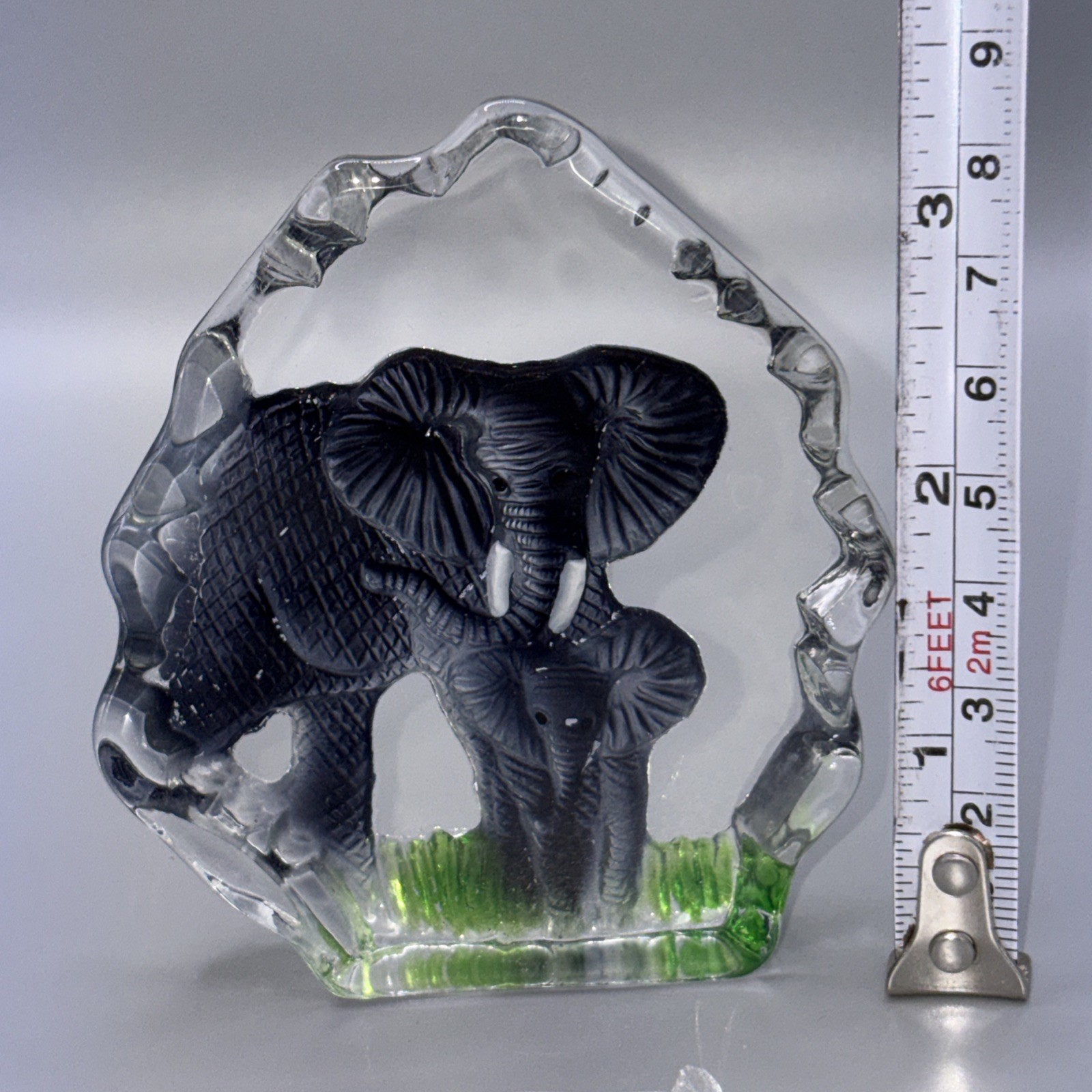 Vtg Intaglio Art Glass Elephant Paperweight Mother Baby Calf Painted Crystal 3.5