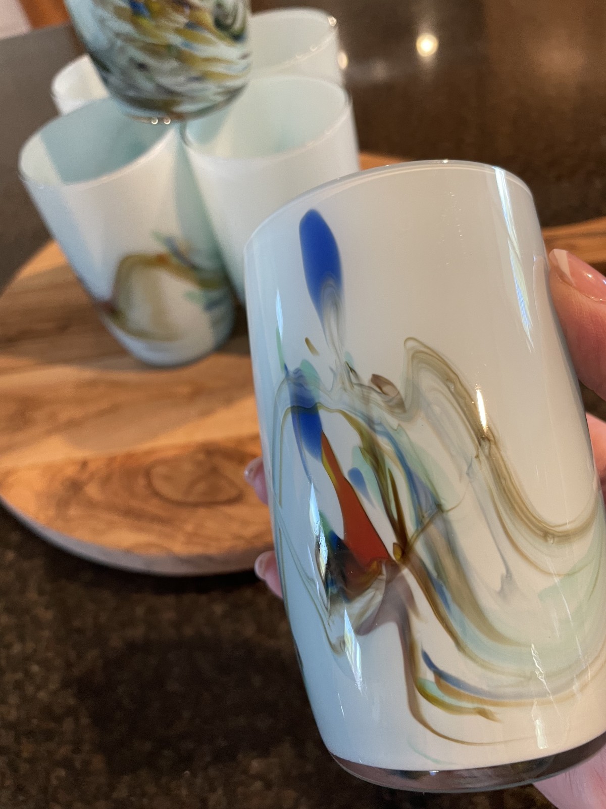 Hand Blown Abstract Swirling Colors Art Glass Tumblers, 4.5″ Tall, set of 6, EUC