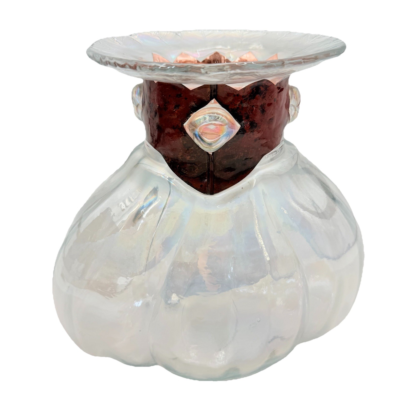 Silvestri Mouth Blown Iridescent Glass Vase with Copper Tone Collar 11.5″ x 11”