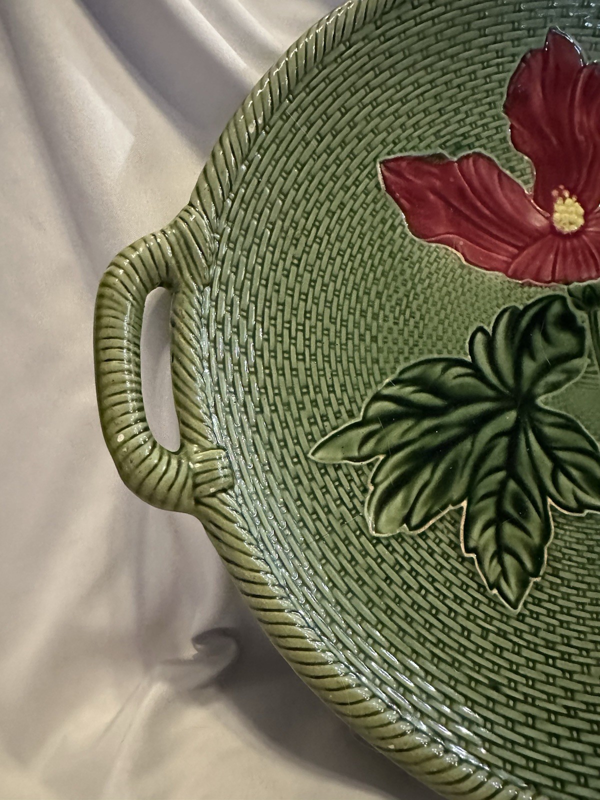 Majolica Hibiscus #2207 Zell German Baden Factory Server Plate W/ Handle 1906