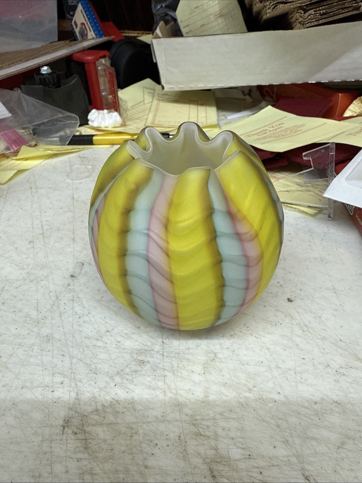 Satin glass Herringbone Rose Bowl 3.25 inches tall; pink, yellow, blue