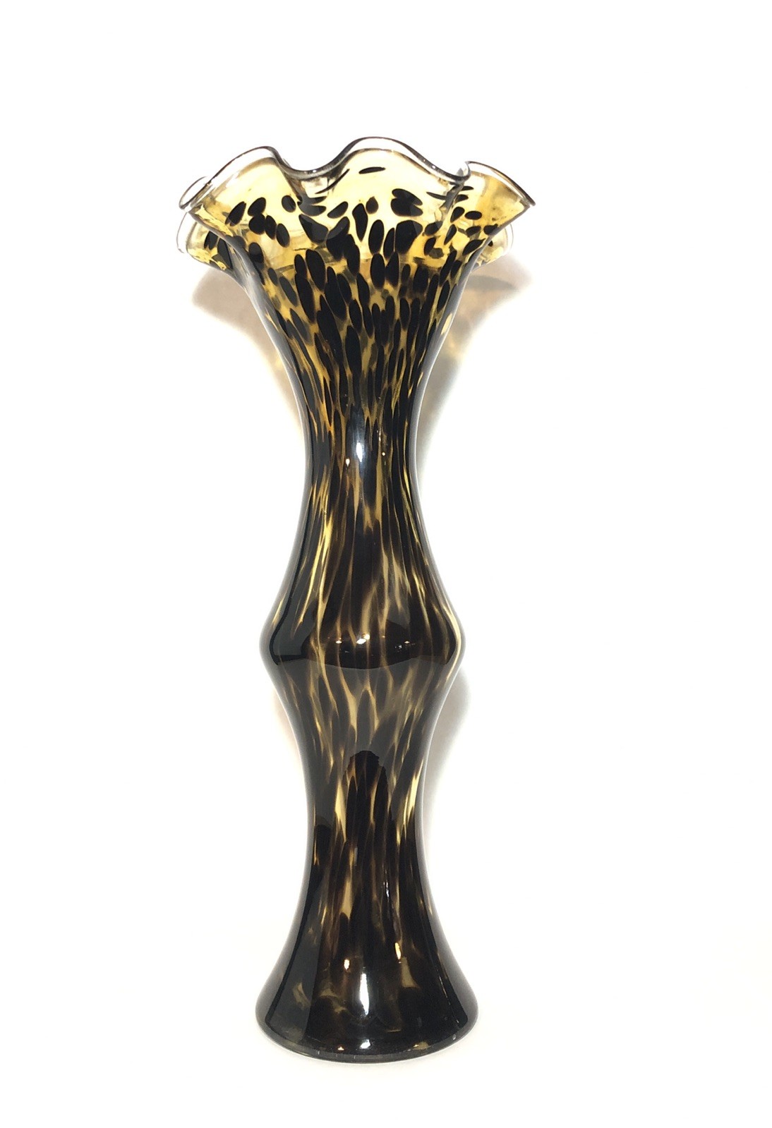 Large Blown Glass Vase- 22.5″ Tall, Ruffled Edge. Amber Brown Tortuous Shell