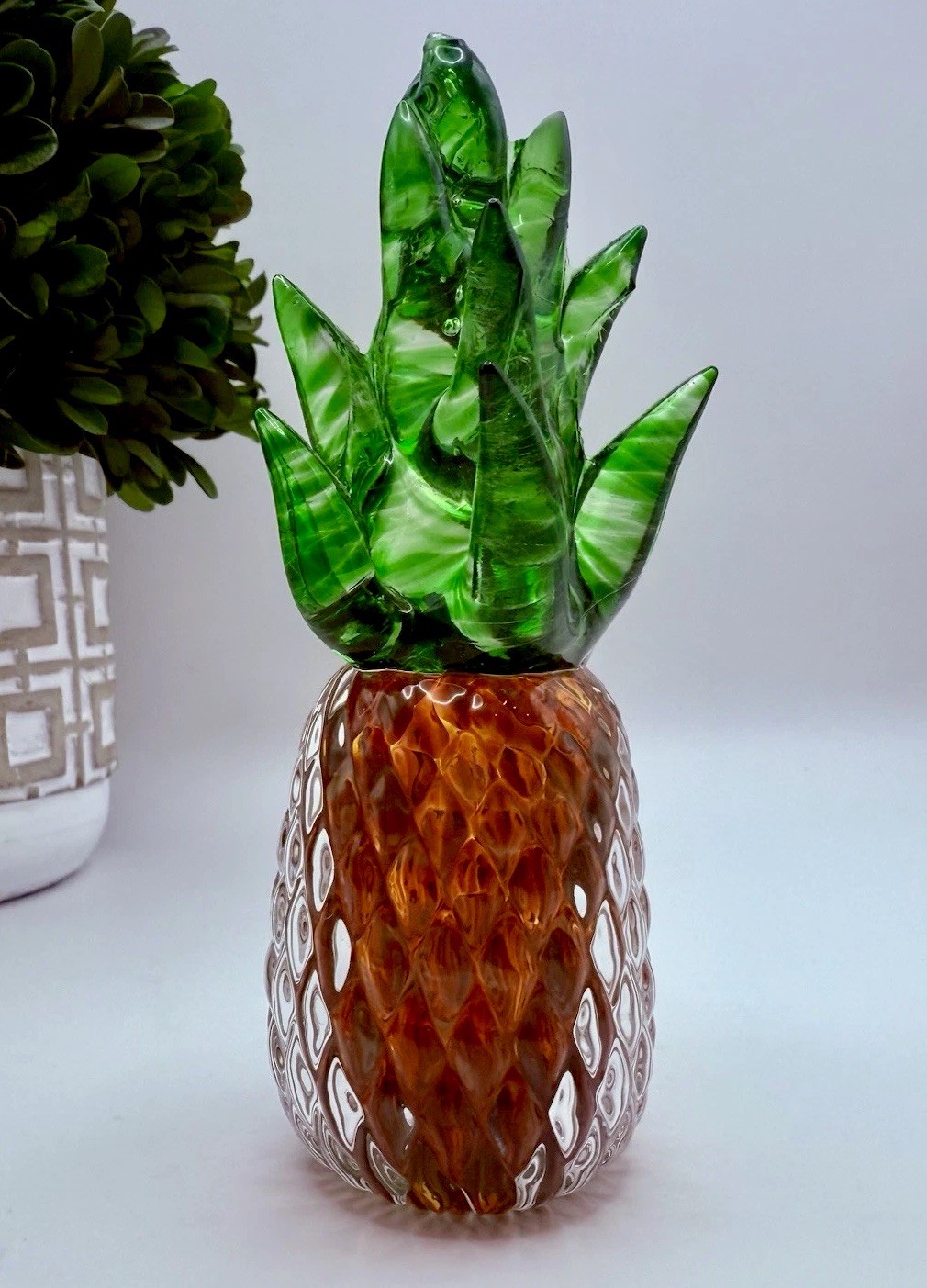 Blown Art Glass Pineapple Figurine Green Amber Tropical Hollywood Regency Signed