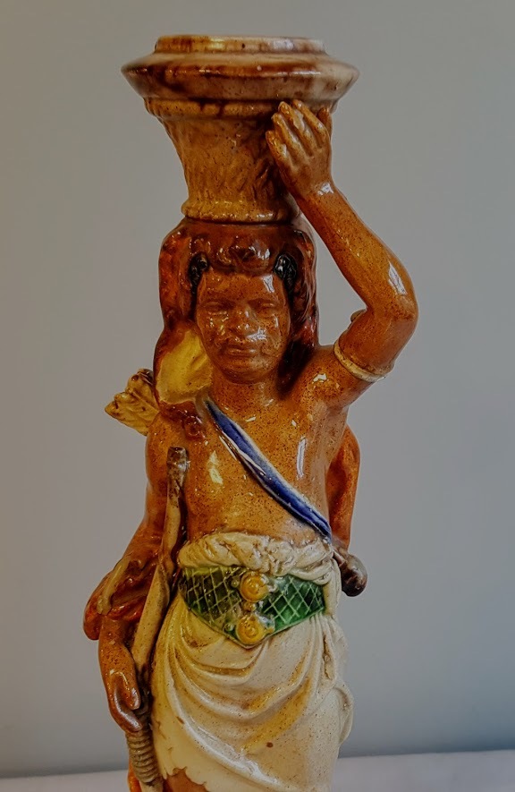 Continental Majolica Figural Candle Holder Blackamoor Form 19th Ct. Makers Mark