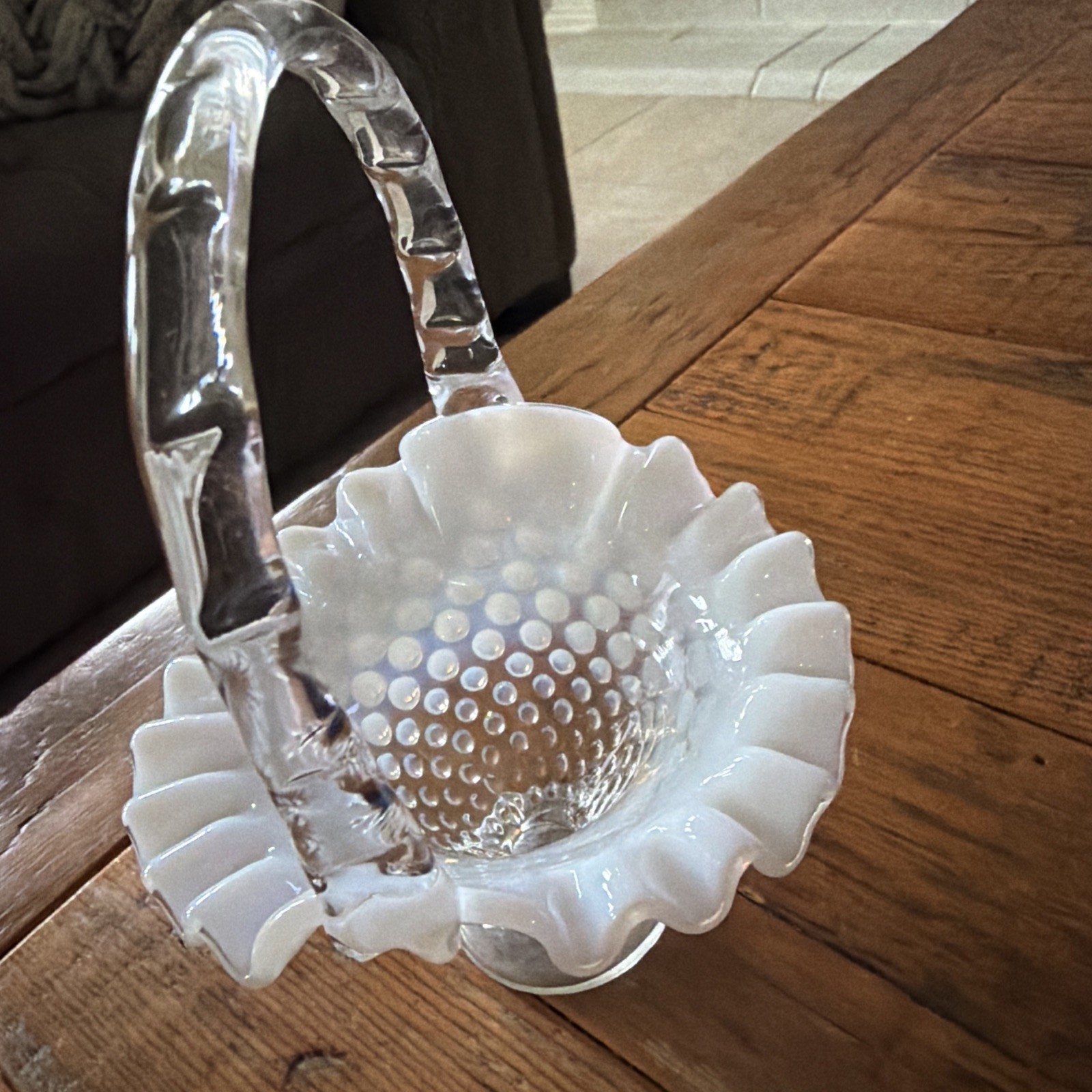 Vintage Fenton Opalescent White Clear Hobnail Basket w/Handle Ruffled Edge 6” H