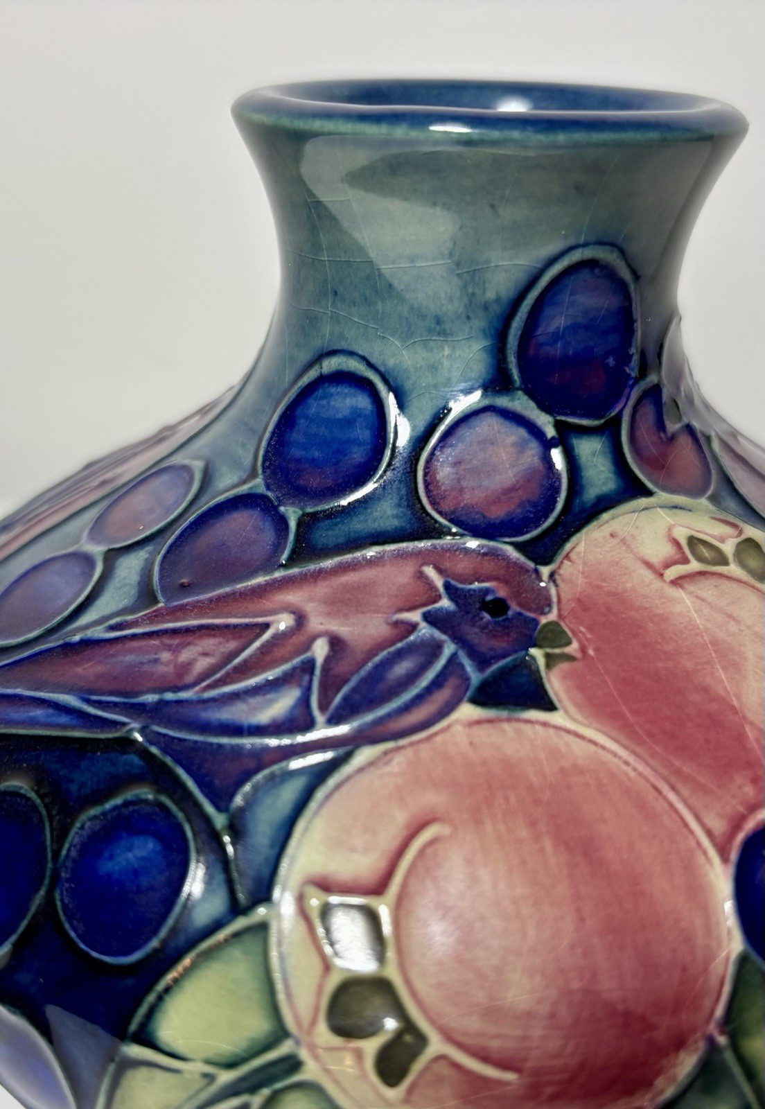 Moorcroft Squat Vase Finches & Fruit Blue Green 10.5cm Sally Tuffin 1993 Box