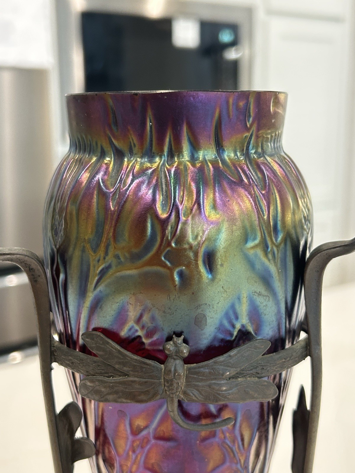 Loetz Iridescent Glass Red Thistle Dragonfly Bronze Mount Tear Drop Vase