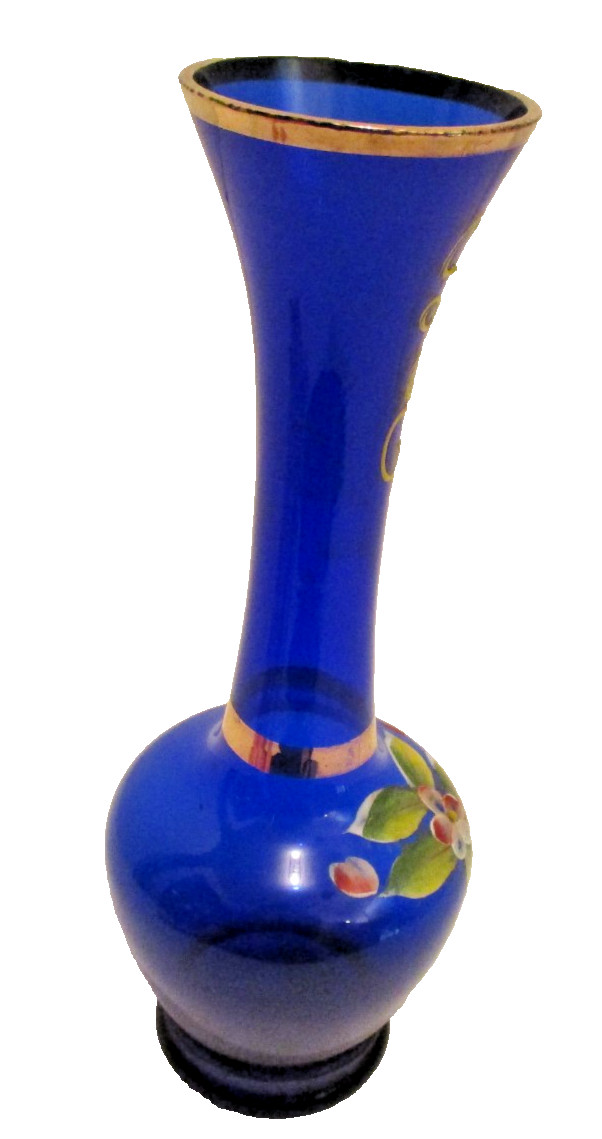 Vintage Bohemian Cobalt Blue Art Glass Vase with Floral & Gold Trim (SKU# 2990)