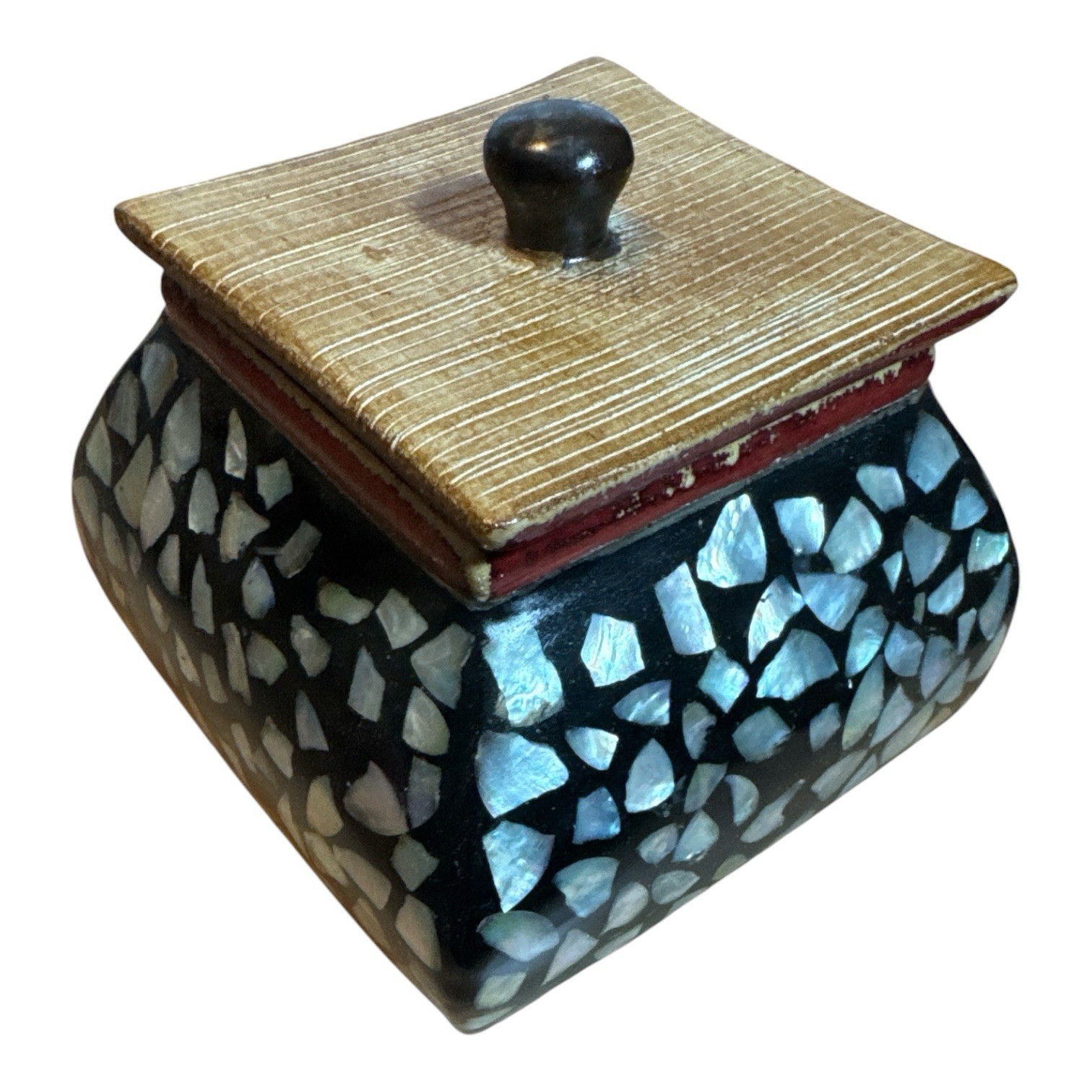 Two VTG BOMBAY CO. POTTERY MOTHER OF PEARL TRINKET JAR BOX CONTAINER WITH LID