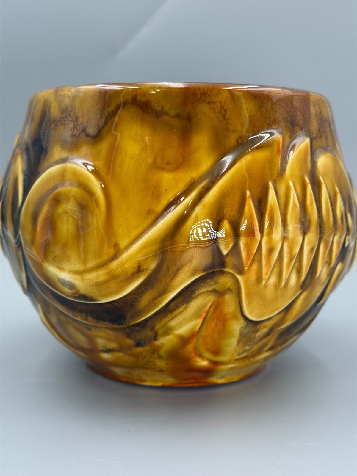 Vintage Brown Yellow Ceramic Glass Vase Bowl Planter Raised Signed Gold Rim
