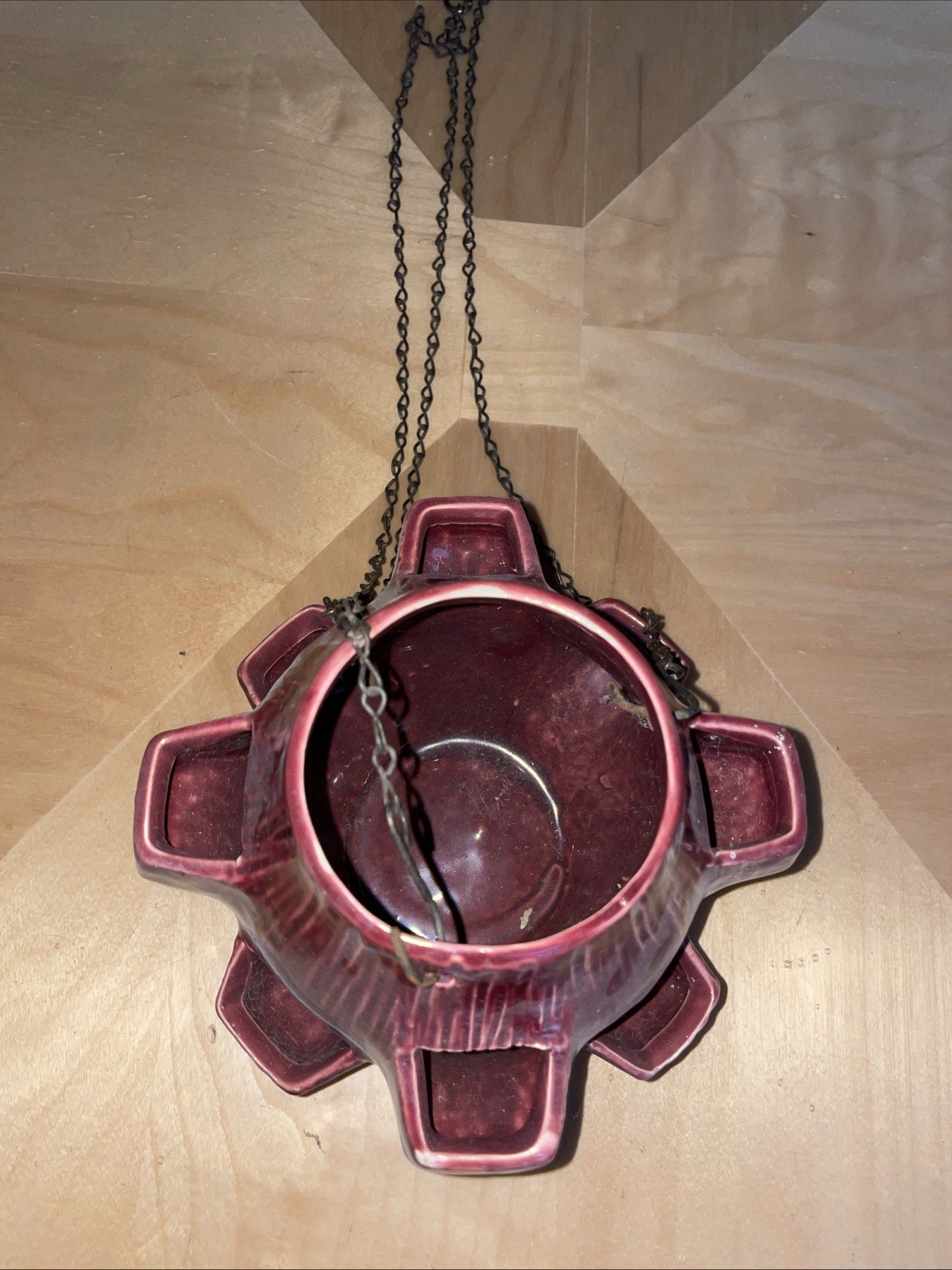 Vintage McCoy Art Pottery Maroon Strawberry Pot Hanging Basket Hen Chick Planter