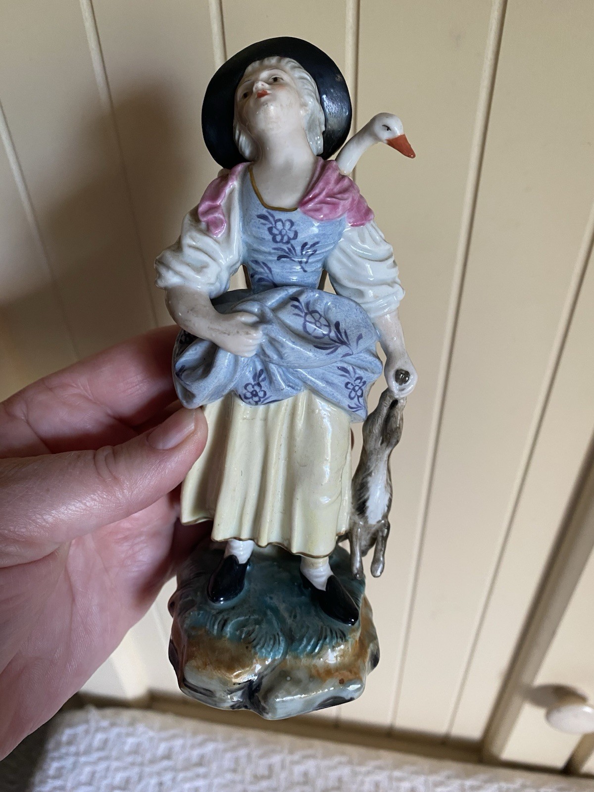 Antique Hochst Porcelain German Peasant Woman w/Goose & Hare Rabbit Figurine