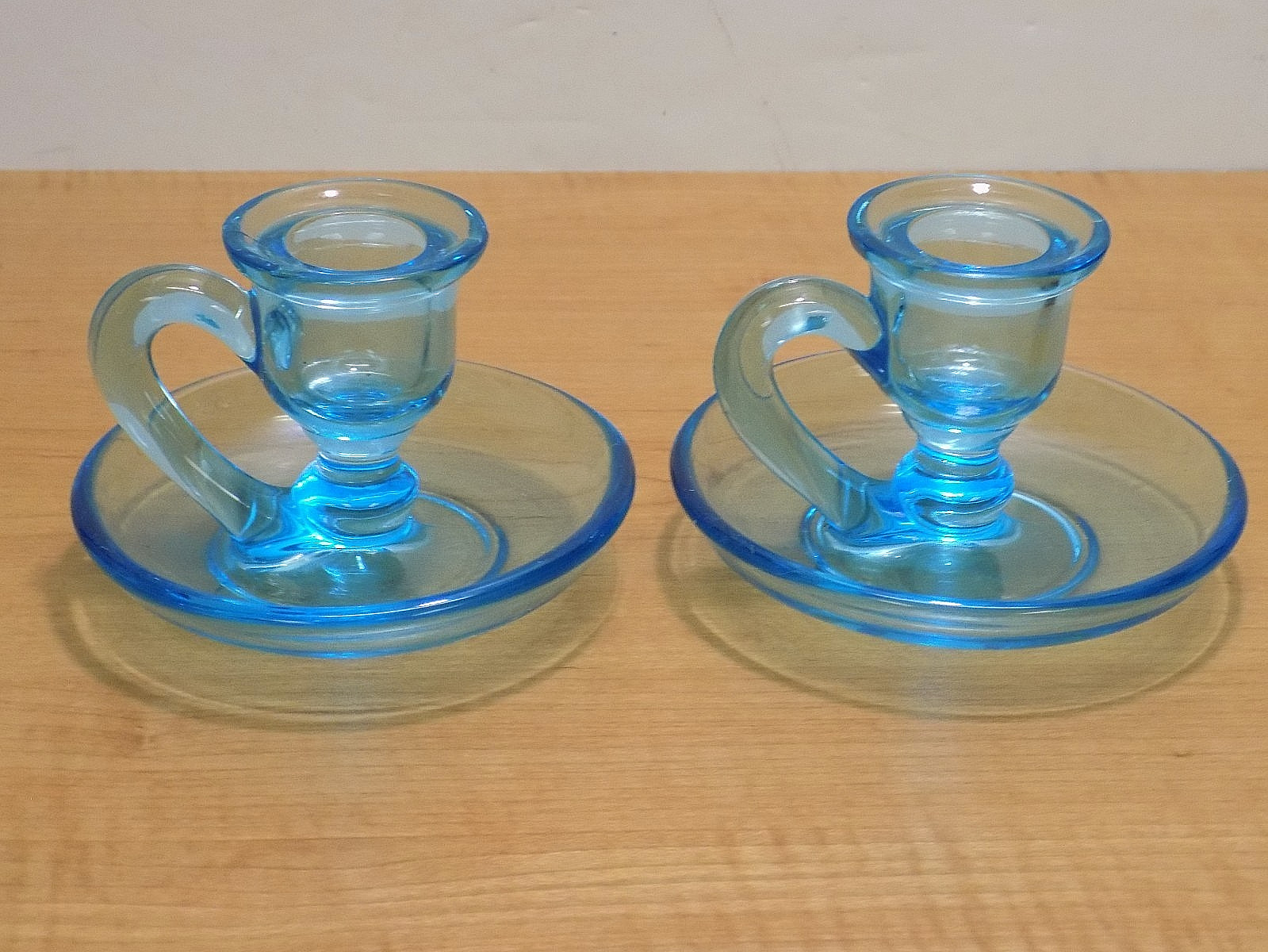 Pair Tiffin U.S. Glass #319 Light Blue Glass Finger Loop Chamber Candle Holders
