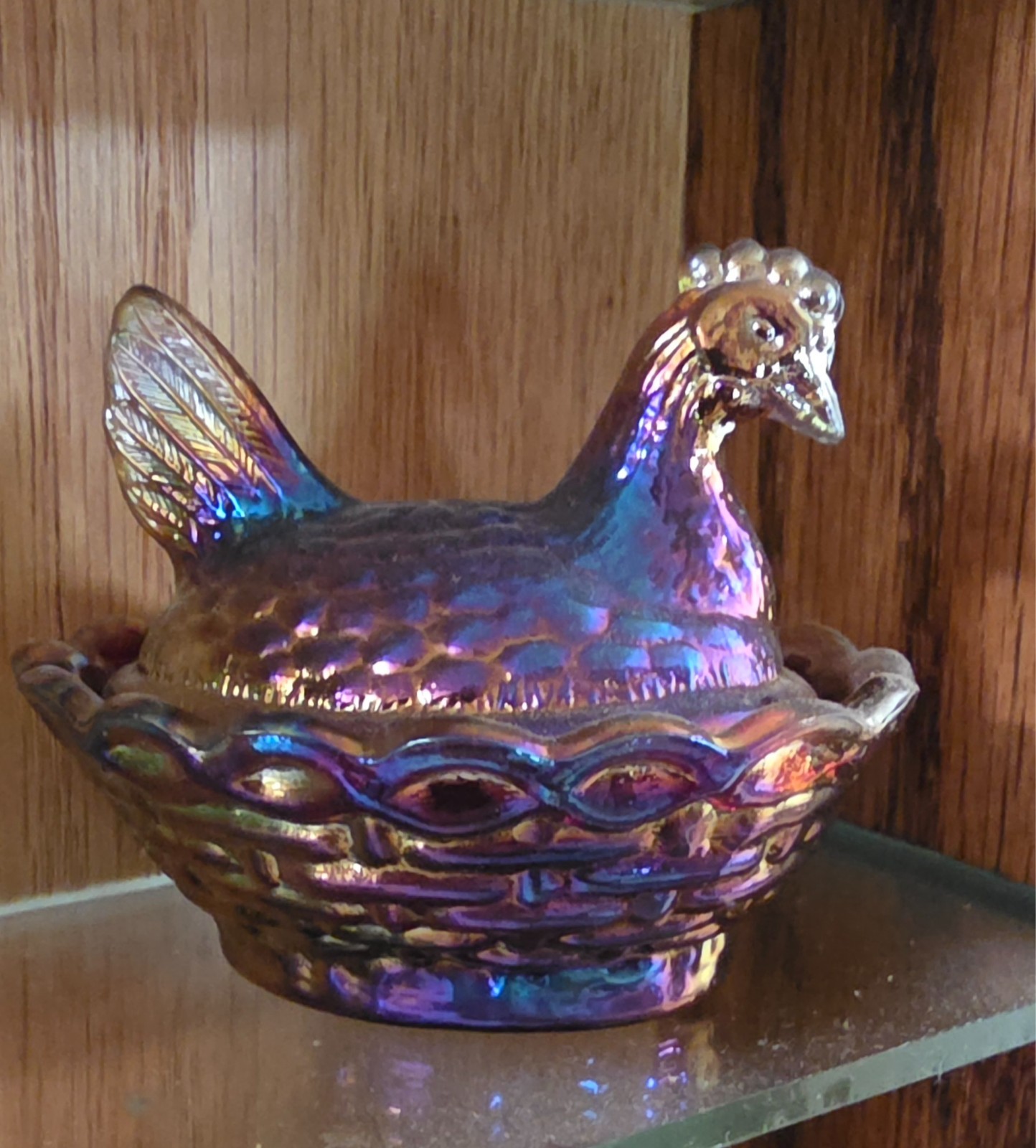 vintage amethyst carnival glass “hen on nest” covered dish