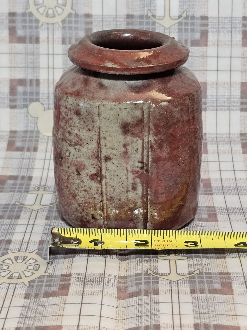 Vintage Clay Jug Vase Signed Studio Pottery Rust Brown Teal 4x3in