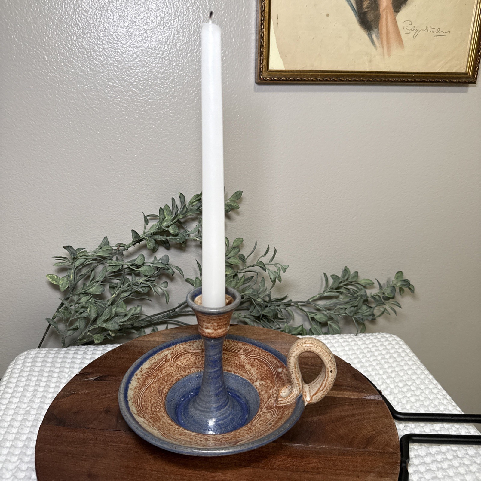Signed Studio Pottery Chamberstick Candlestick Blue Speckled Stoneware Handle