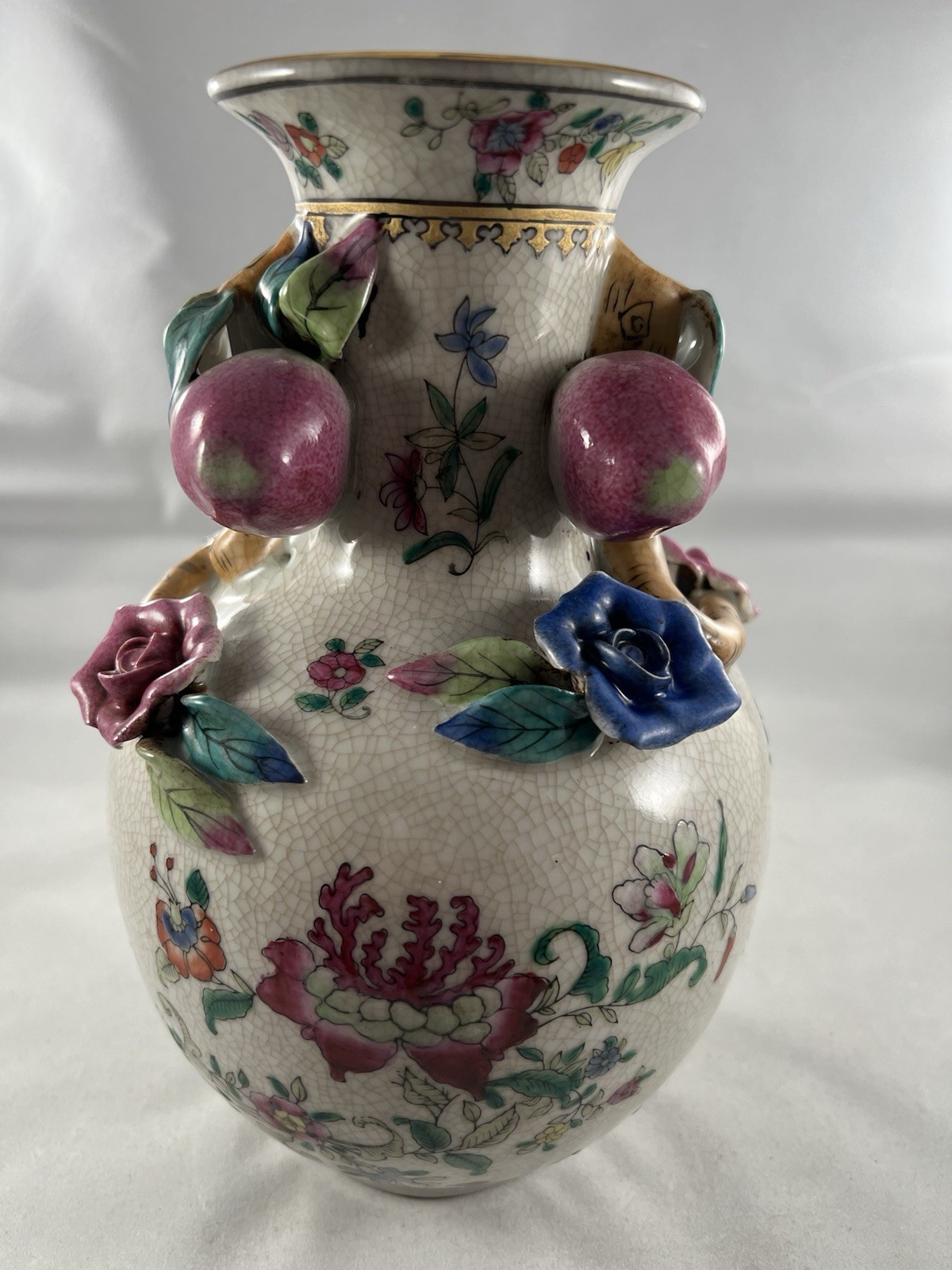 Vtg Amita Chinese Hand Painted Pottery Vase With Crackle Finish. Fruit Statement