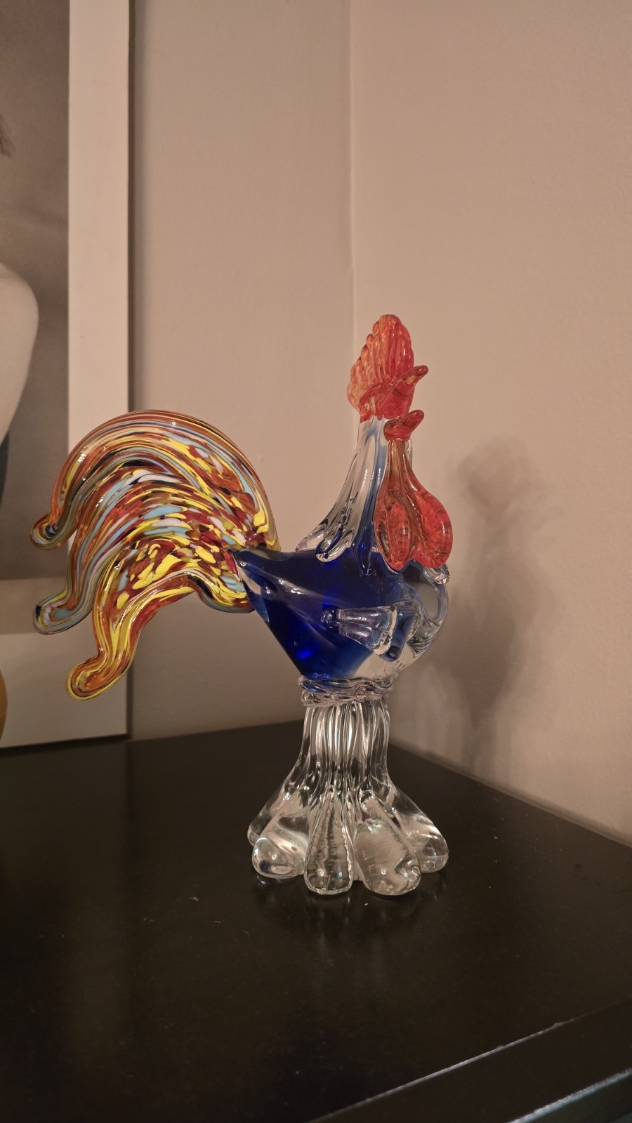 Vintage Handblown Murano Style Rooster Multicolor Blue Controlled Bubbles 11 in.