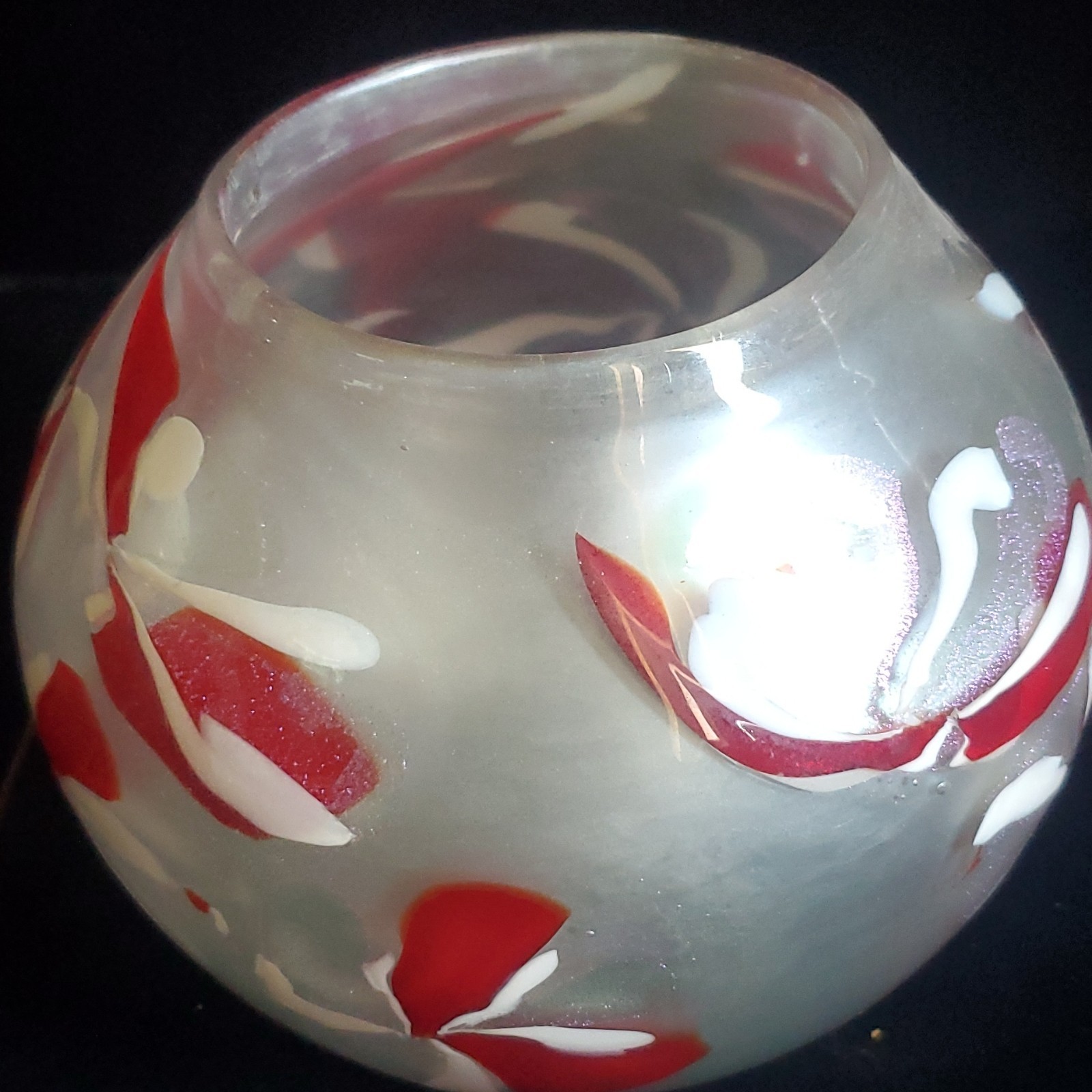 Signed Hand Blown Art Glass Vase Frosted Clear Red White Purple Modern 6 in