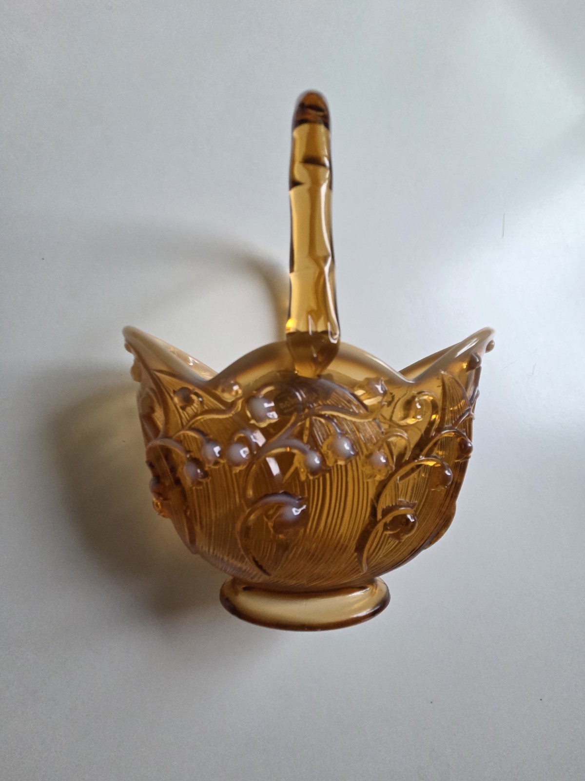Vintage Fenton Lily of the Valley Basket • Amber Cameo Opalescent • With Tag