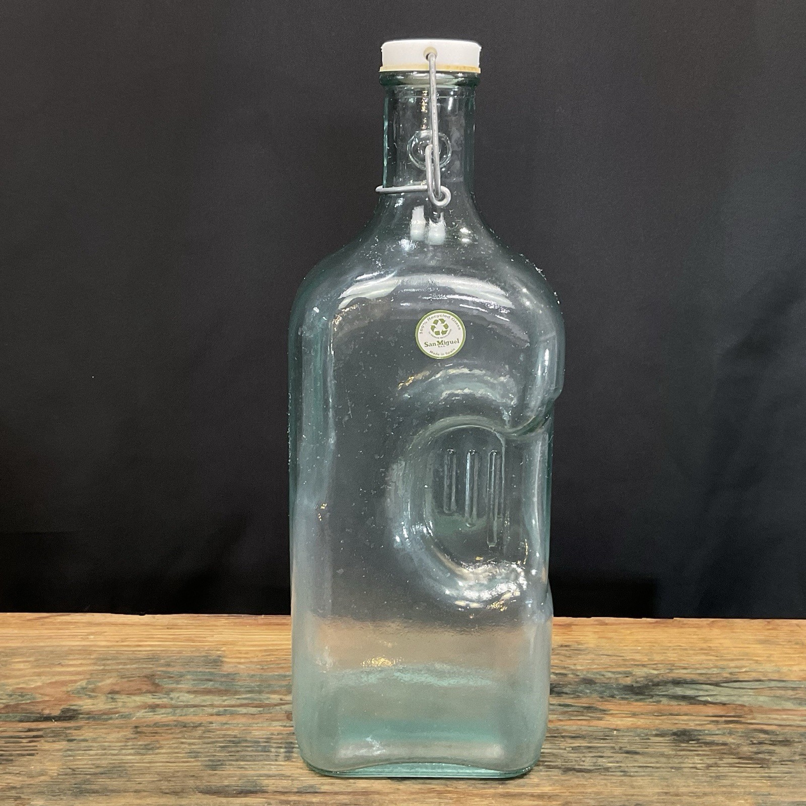 VIDRIOS SAN MIGUEL Spain 100% Recycled Glass Water Bottle Jug Wire Bale Cap 1/2G