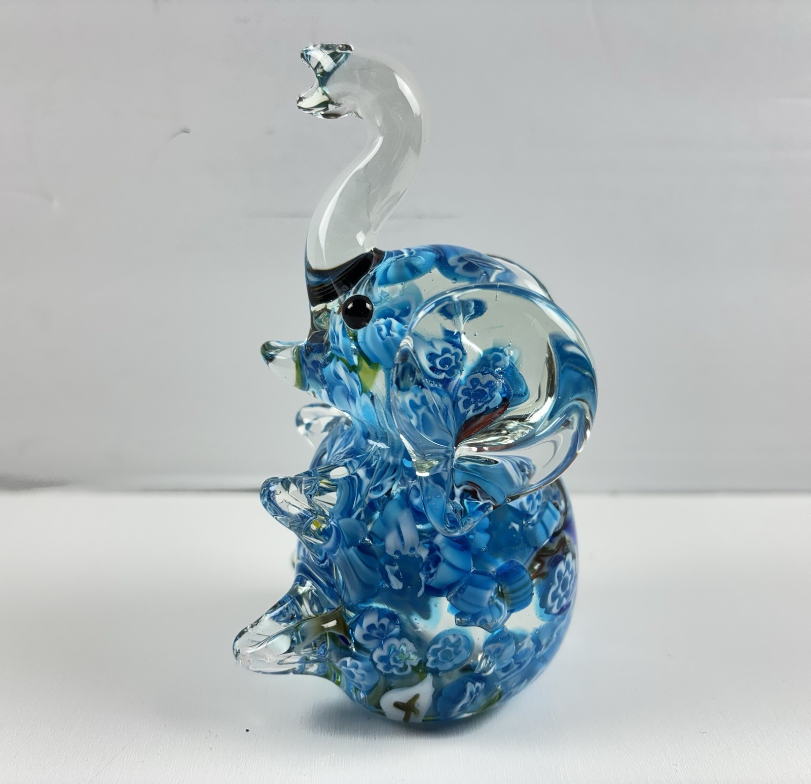 Elephant Paperweight Hand Blown Millefiori Art Glass Blue Floral 4.5” Trunk Up