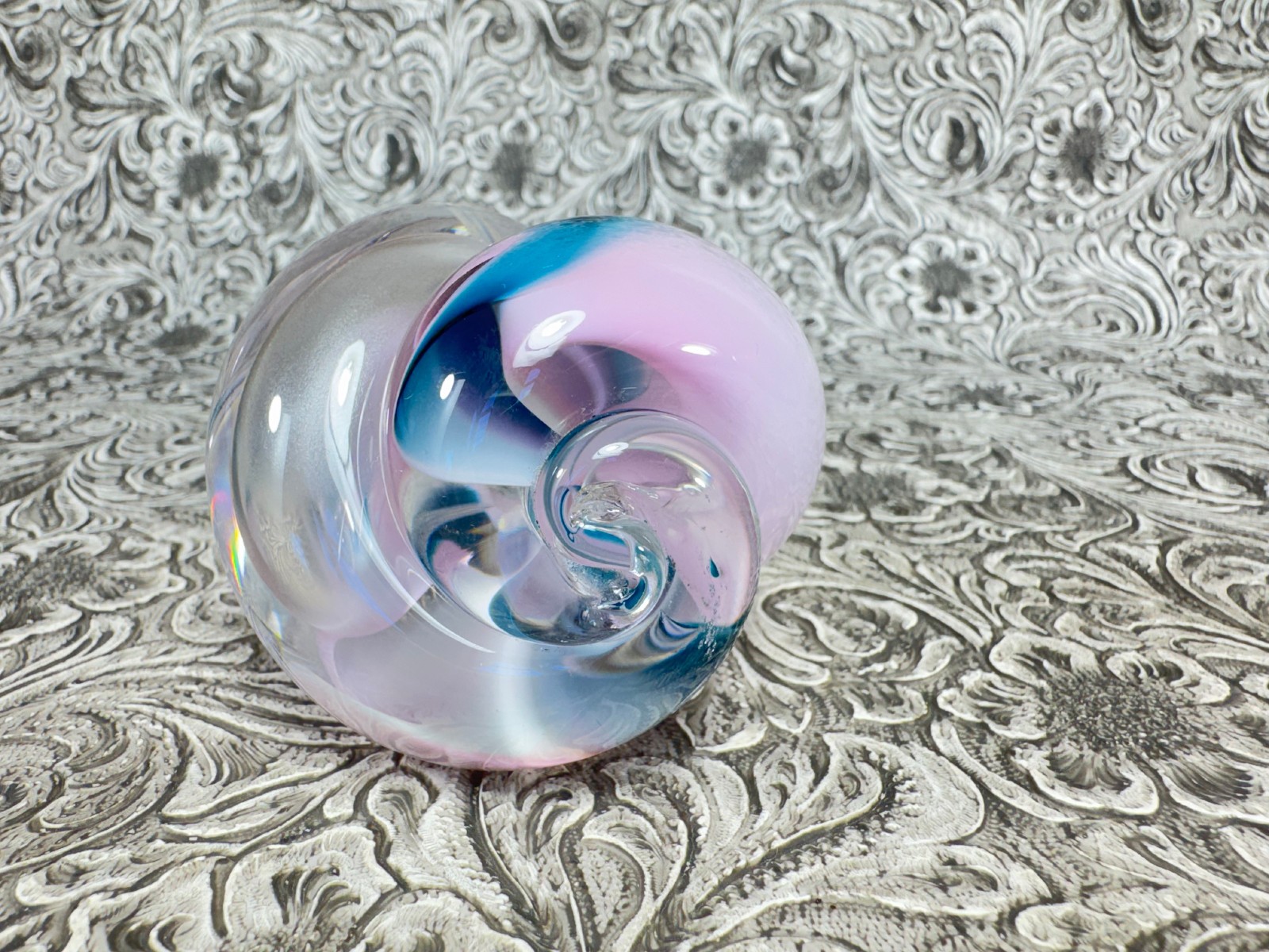 Jim Karg Paperweight Art Glass Swirl Blue Pink SIGNED