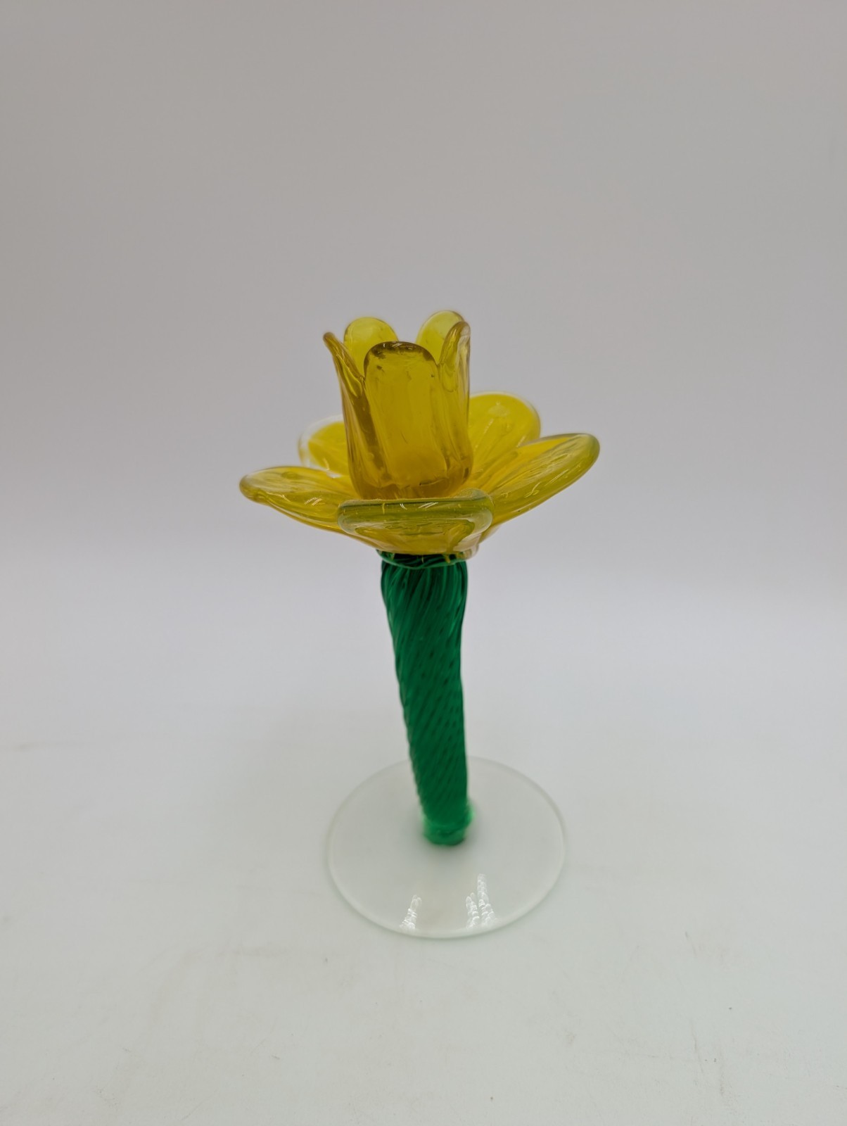 Vintage Daffodil Flower Glass Candlestick Holder Yellow Green Hand Blown